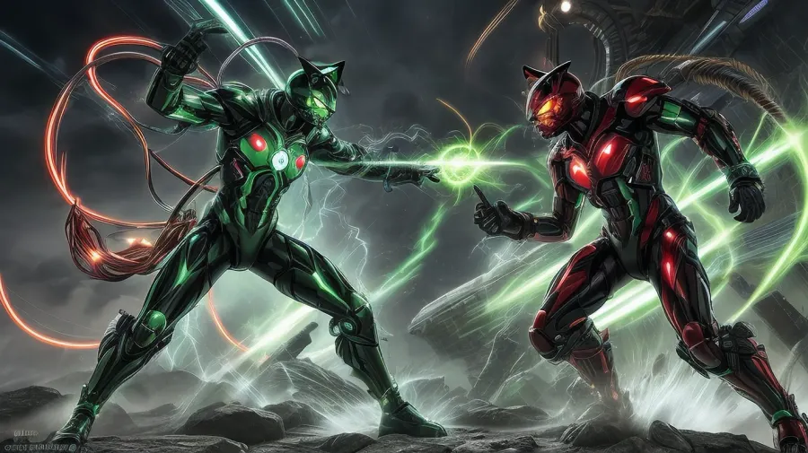 2 CyberneticSpirit cat Man in fight, 3/4 view, Electrical circuit, portait, metal skin, (green and red storm ligthning), Eclectric Mane, full body shot photo