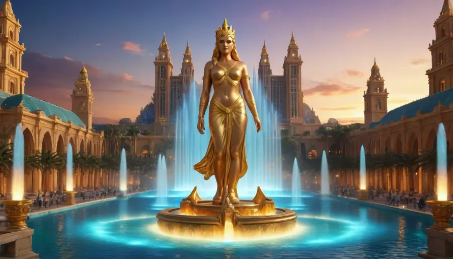 photorealistic image, fullcolor image, full body view, 8K quality, night, fantastic multi-colored lighting, the world of Atlantis, highly developed alternative technologies, futuristic siti, crystal energy-based technologies, Giant golden statues of gods and goddesses, colored fountains with lighting, (many fantastic flying machines), high-rise buildings made of gold and crystal glas
