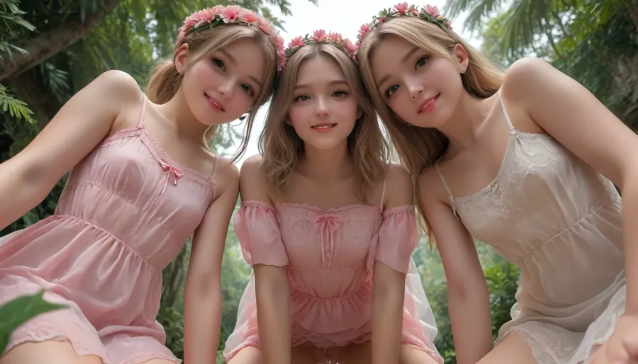 russian 18. three woman, long blonde hair, smiling face, kneels on all fours, view from below, jungle, pink flower crown, Long, Labia, Meaty, <lora:260797_training_data:.5>, flat, chested, <lora:flat_chested_v3.5:.5>, lift up, sheer, diaphanous, dress, <lora:xl_diaphanous_dress-1.0:.5>, cum, in, cumdrip, <lora:sdxl-creampie-v02-e99:.5>