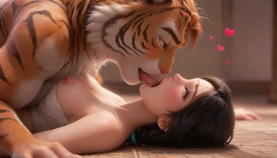 The striped tiger is in a mating press just above Princess Jasmine, (side view, focus on faces), The striped tiger puts its mouth on her mouth and they kiss, Tiger tongue is inside her mouth, Jasmine is mind-broken with her eyes rolled up, ((focus on faces, tiger on top of female)), eyes rolled up, mind-broken, blush, blushing cheeks, (orgasm, moaning, ahe gao:1.5), female head on floor, female facing up, tiger head above female head, D-cup breasts, large breasts, arabian, tiger, striped tiger, hearts, floating hearts, <lora:princess_xl_v2:1>