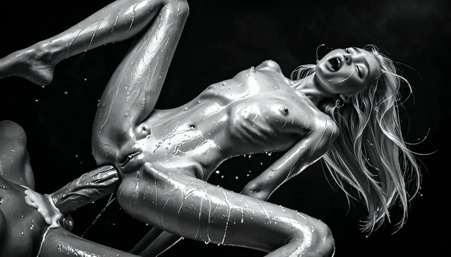 black and white picture, monochrome, cute 24 year old girl, lean body, (Petite girl, very skinny, platinum blonde hair, long hair, moaning, orgasm, large tits, small cute butt, long legs, impossible fit, erect nipples, naked, sweaty, wet), looking at viewer, Grabbing her breast, a young guy with a, (huge dick:1.4), fucks her in her ass, deep anal, (Dynamic angle:1.4), masterpiece, high contrast, best quality, amazing quality, highest quality, UHD, 8K, 8k wallpaper, clear image, photorealistic, super realistic photography, super detailed images., (dark shadows:.7), fine details, <lora:dark:.4>, <lora:RMSDXL_Enhance:.9>, <lora:longnipsxl:.8>, <lora:uberfit_lora_sdxl:.4>