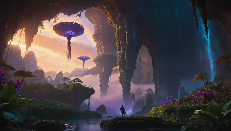 Towering, jagged rock formations suspended impossibly in mid-air, draped with lush alien flora that glows with faint bioluminescence under Pandora's twilight sky. Waterfalls cascade from the floating islands' edges into misty abysses below, while thick vines and twisted roots bridge the gaps between landmasses. Distant, larger floating mountains pierce the violet-hued clouds, their undersides revealing striated mineral layers that shimmer with embedded crystals. In the foreground, a lone banshee rider soars past a cluster of giant fan-like leaves, emphasizing the sheer, vertigo-inducing scale of this otherworldly landscape.