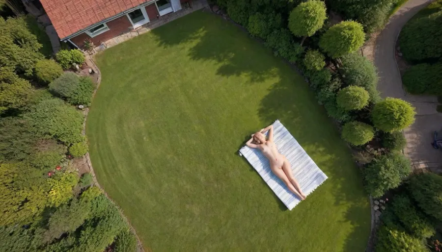 The photo was taken with a drone from a height of 150 m, it shows a naked girl in a garden, the girl sunbathes on her towel, blonde, curvy, big breasts, family house in the background, (5 Fingers), <lora:drone_photo_v1.0_XL:1.6>