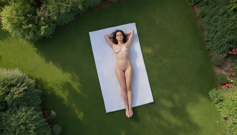The photo was taken with a drone from a height of 20 m, it shows a naked girl in a garden, the girl sunbathes on her towel
