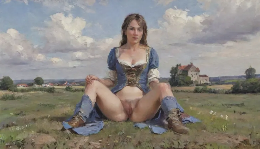 Oil painting, Milf 40 year old in medieval ragged dress sitting in a field, legs spread, castel in the background, clouds in the sky, pubic hair, view from distance, impressionist, fr4z3tt4, skirtlift, pantiesaroundfeet, bichu, oil, painting, <lora:EldritchImpressionismXL1.5:.9>, <lora:fr4z3tt4:1.5>, <lora:skirtlift_xl:2>, <lora:PantiesAroundFeet:2>, <lora:oil painting:1>