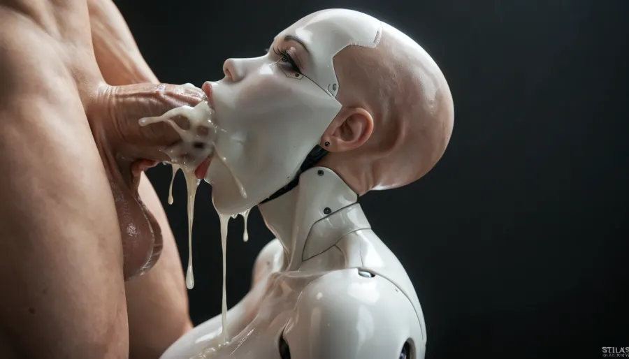 close-up, masterpiece, sexy robot doll, android, sexbot, bald robot cyberpunk, shiny chrome parts, cybernetic body, whide hips, ((massive ass:1.1)), ((massive breasts:.9)), thin waist, dark eyes, vacant look, medium view, eyes open, thick, wide hips, black room, (huge breasts:1), (massive ass:1), (wide_hips), deepthroating a massive cock of a white male massive cock, male in front of female, extreme deep throat, cumshot in her mouth, excessive cum dripping from mouth, gigantic thick 16 inch penis, huge erection. squeezing his testicles, black background., surrounded by dicks, masturbating, 3+men, <lora:Allisfulloflove1024:1.4>