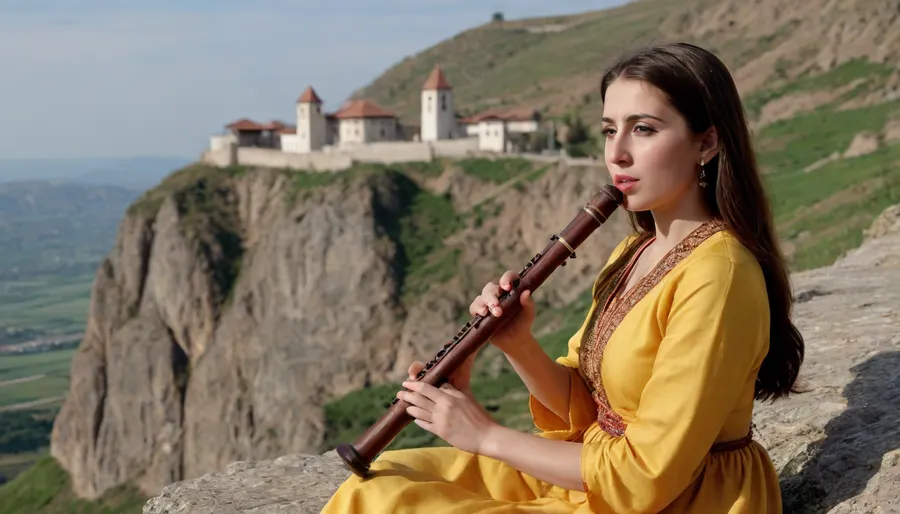 ((A beautiful 28 years old Armenian woman playing the duduk near a cliff top monastery)), with green eyes, defined nose, full lips and straight light brown hair, wearing a yellow and red taraz on a cliff, (playing a duduk with her lips:1.3), . Made of apricot wood, near the, (Taved monastery visible in the background:1.4), with high definition and panoramic views. Wide shot .image with an extremely high level of detail and intricate details. Wind instrument, duduk, traditional taraz, rocky cliff, perfectly outlined with no noise, an ultra realistic and professional work of art. No denoise, no error