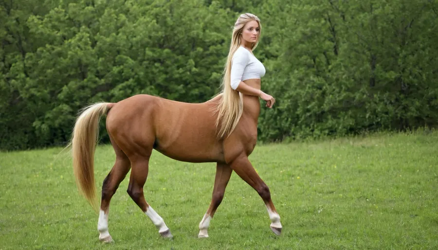 La ragazza bionda dai capelli era seduta sul suo letto con capelli lunghi, occhi marroni e una coda di cavallo. Stava guardando l'immagine AI generata di un centauro con capelli lunghi, occhi marroni, e una coda di cavallo. Il suo corpo era alzato
