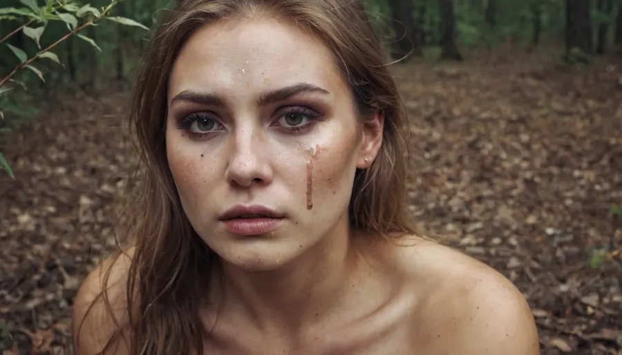 A naked Russian woman is lying in the forest, she was kidnapped and severely beaten, she is shaking with fear, crying, with tears