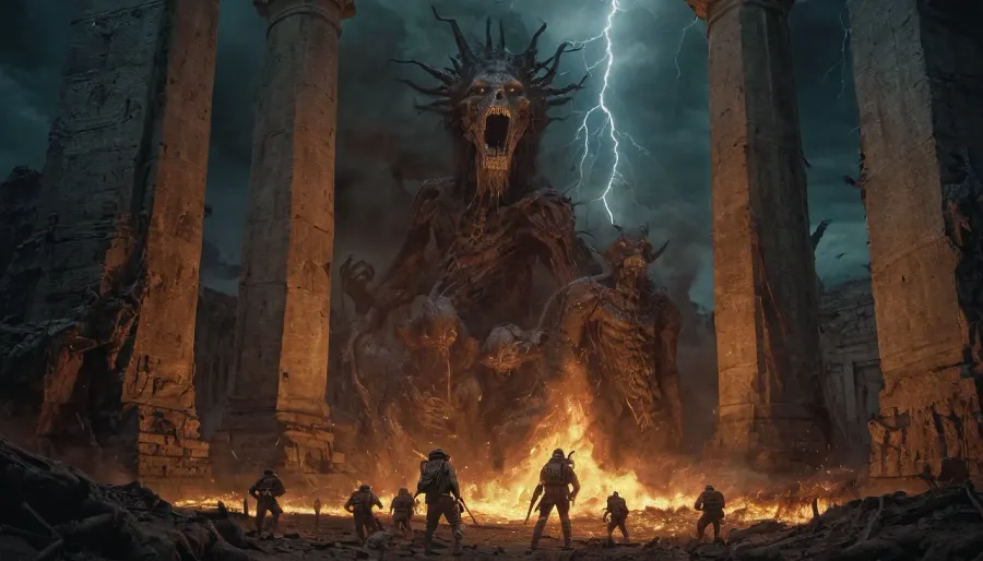 La AI generó una foto de una ruina antigua retorcida demoníaca hecha de huesos, con foto de alta definición tomada por un marines vs demonios y el arte digital por beksinski y szukalski. El arte del horror fue creado usando el Lo
